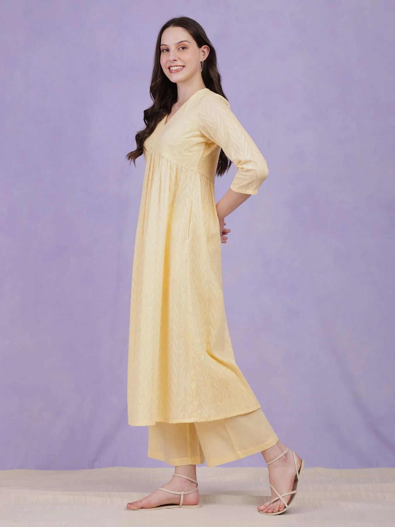 Cotton Jacquard Floral Kurta Set - Yellow