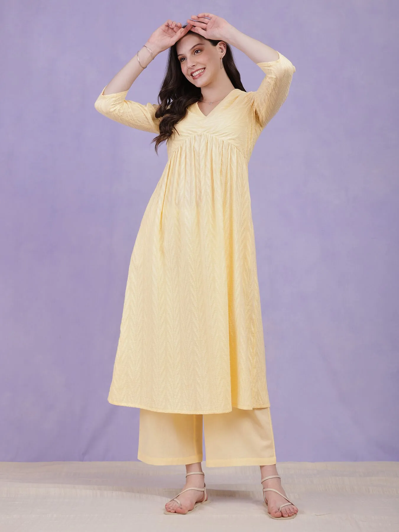 Cotton Jacquard Floral Kurta Set - Yellow