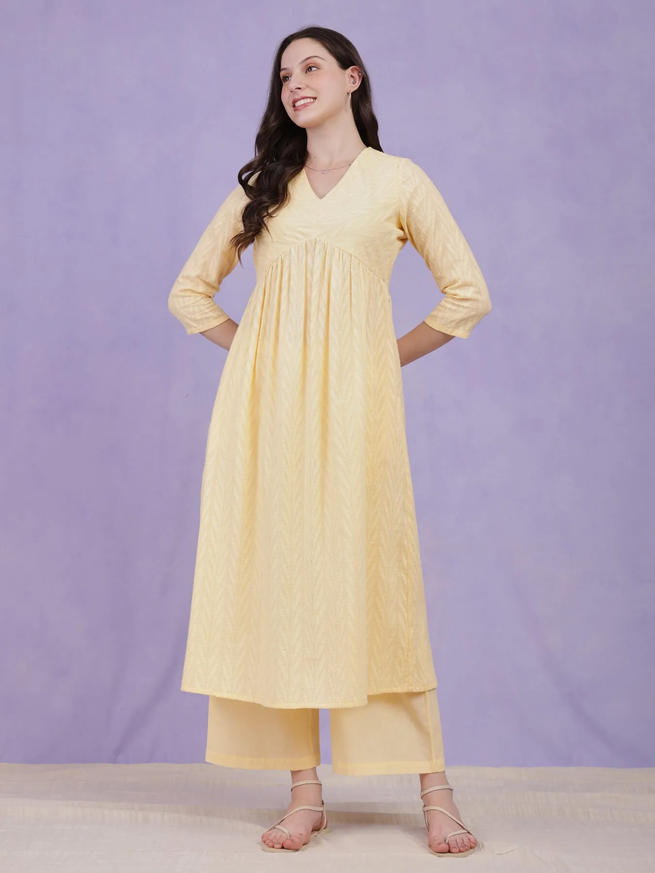 Cotton Jacquard Floral Kurta Set - Yellow