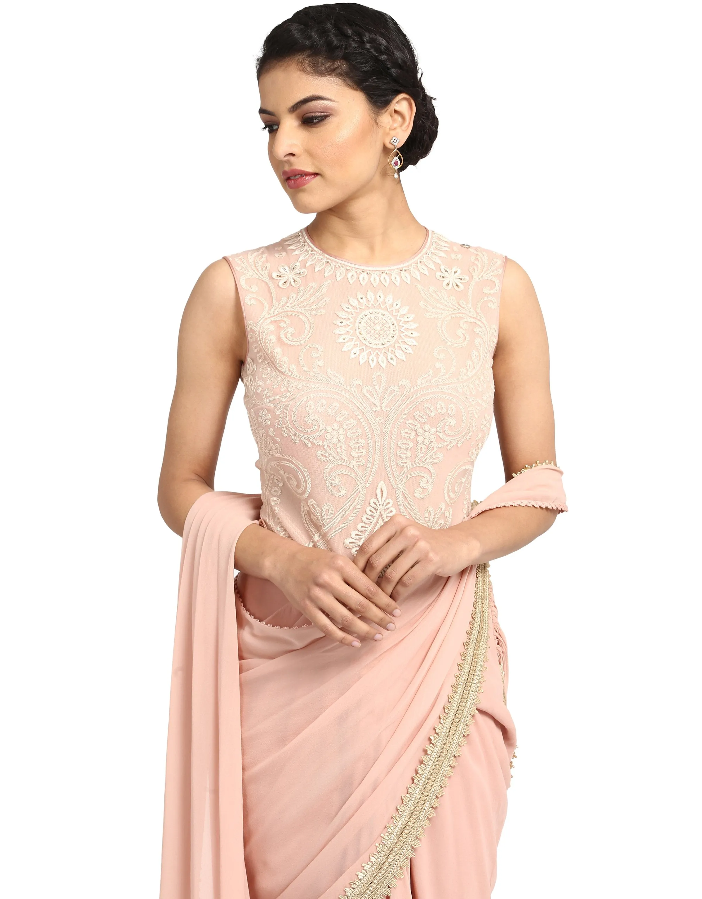 Drape Saree with Embroidered Bodysuit- Blush