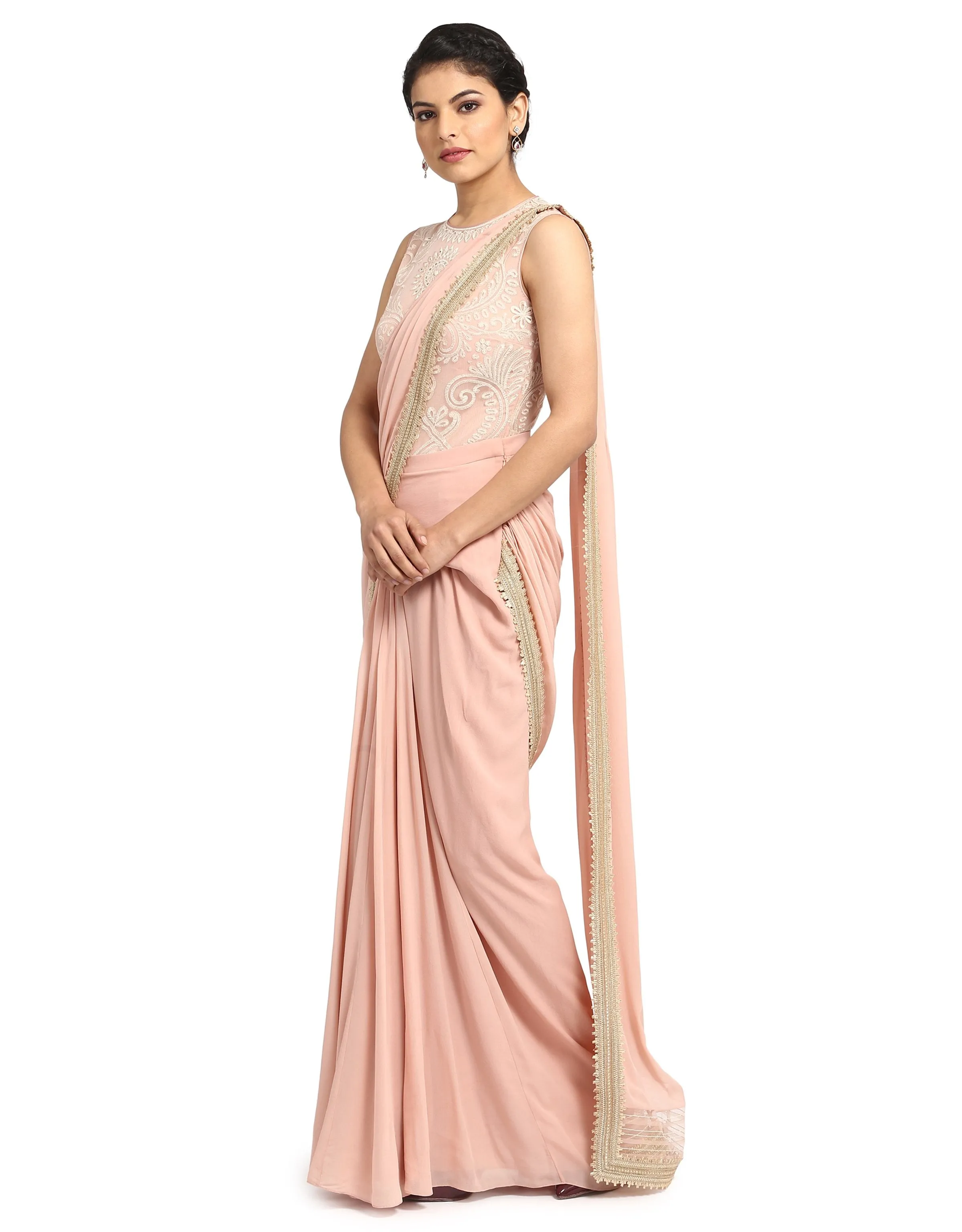 Drape Saree with Embroidered Bodysuit- Blush