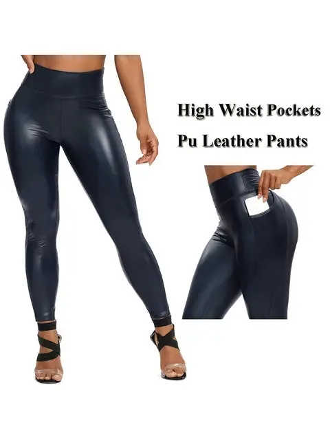 Fashion Zipper Women Pu Legging High Waist Push Up Leather