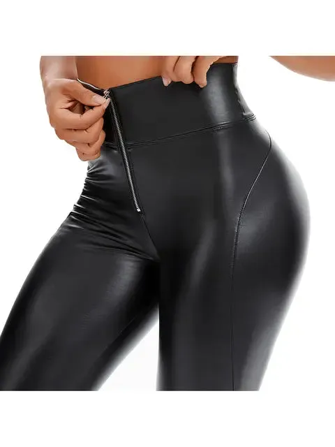 Fashion Zipper Women Pu Legging High Waist Push Up Leather