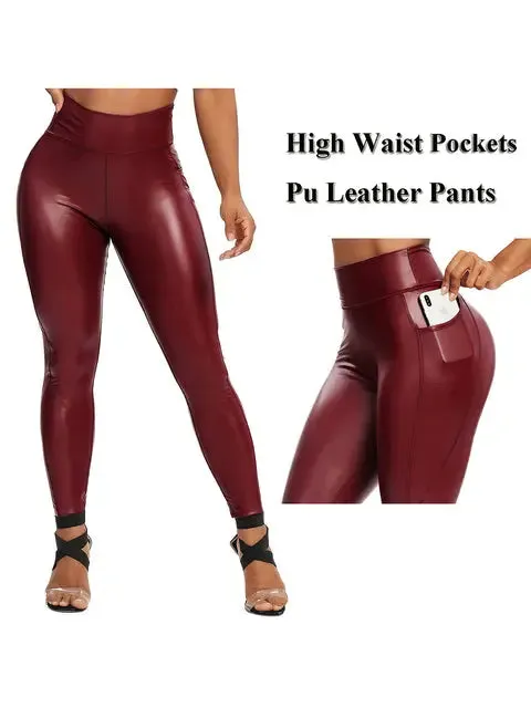 Fashion Zipper Women Pu Legging High Waist Push Up Leather