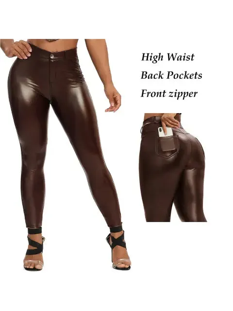 Fashion Zipper Women Pu Legging High Waist Push Up Leather