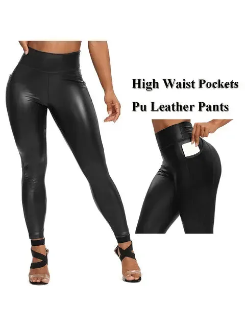 Fashion Zipper Women Pu Legging High Waist Push Up Leather