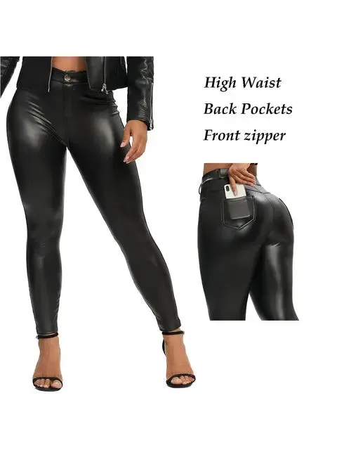 Fashion Zipper Women Pu Legging High Waist Push Up Leather