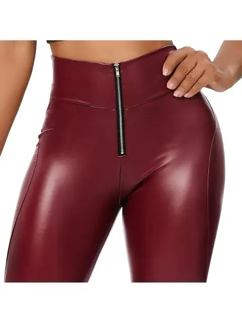 Fashion Zipper Women Pu Legging High Waist Push Up Leather
