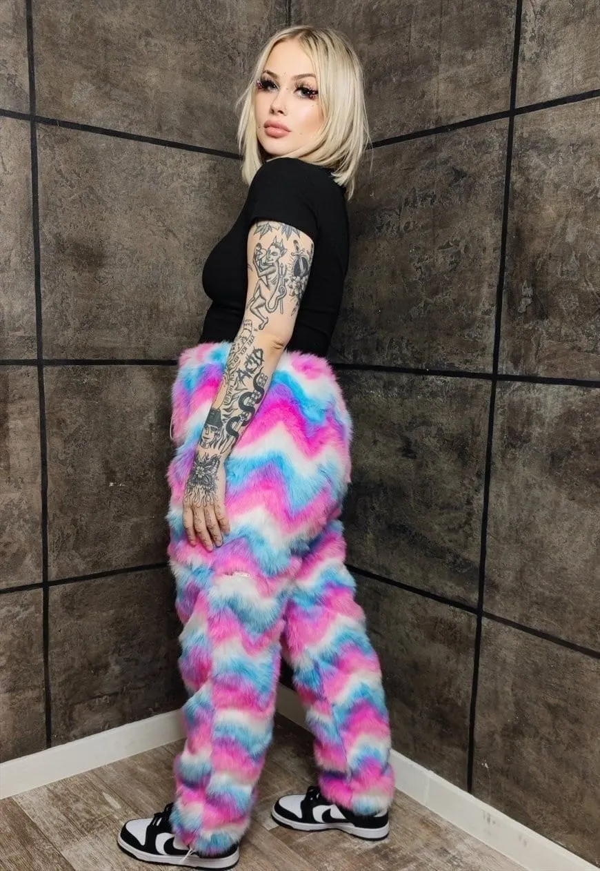 Faux fur rainbow joggers premium fleece detachable pants