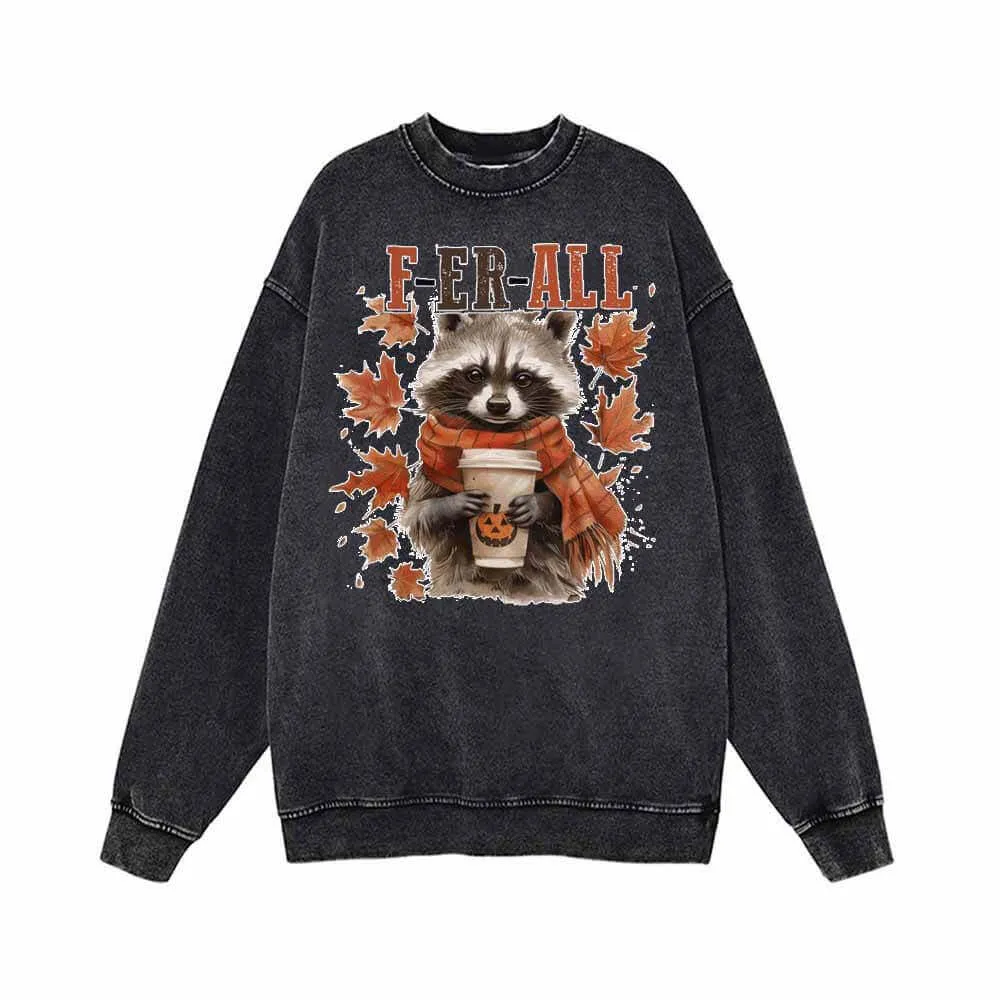 Ferall Raccoon Maple Leaf Vintage Washed Hoodie Sweatshirt