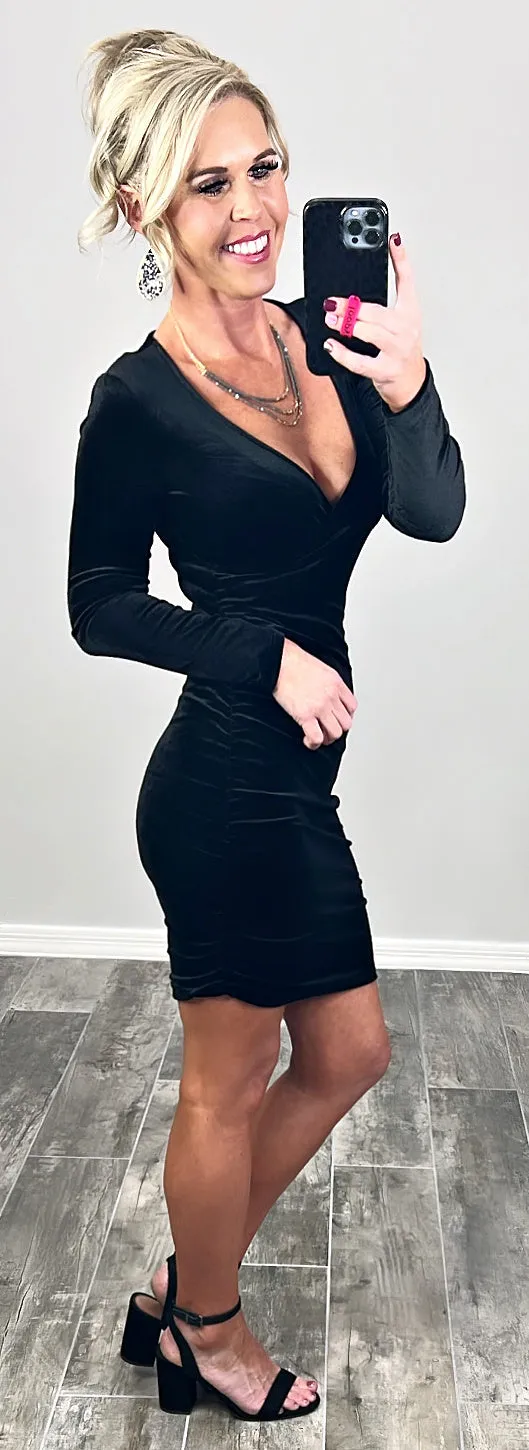 Going All Out Velvet Ruched Dress - Black