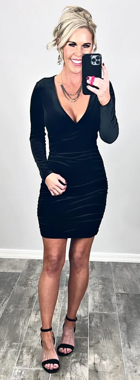 Going All Out Velvet Ruched Dress - Black