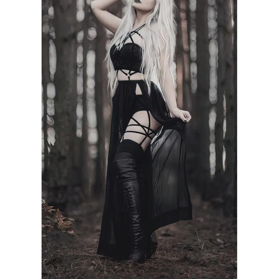 Gothic 3 Piece Straps Dress, Sexy Sling Sleeveless Vestido Set For Women