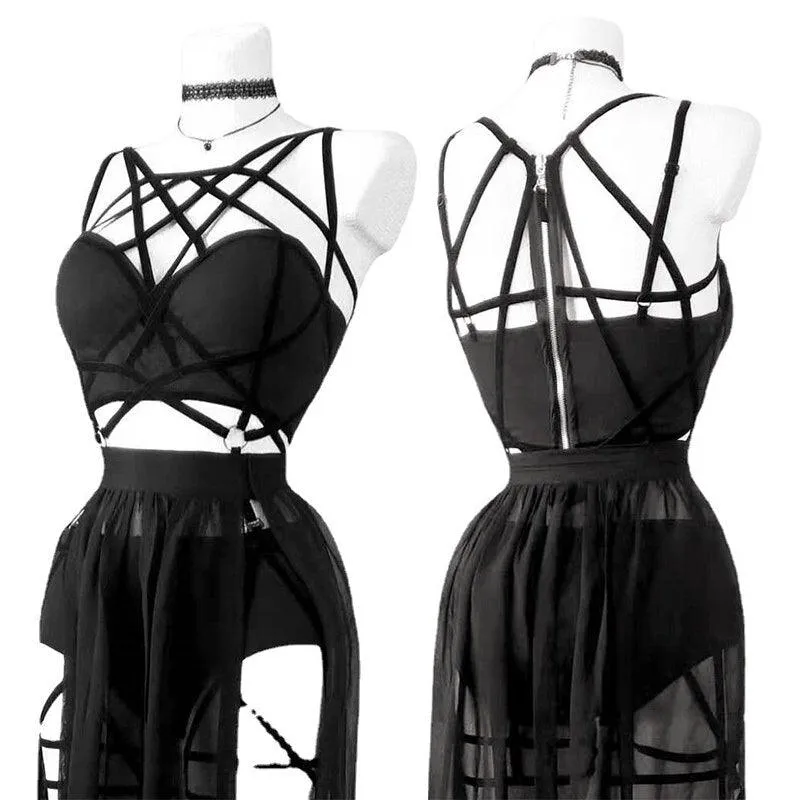 Gothic 3 Piece Straps Dress, Sexy Sling Sleeveless Vestido Set For Women