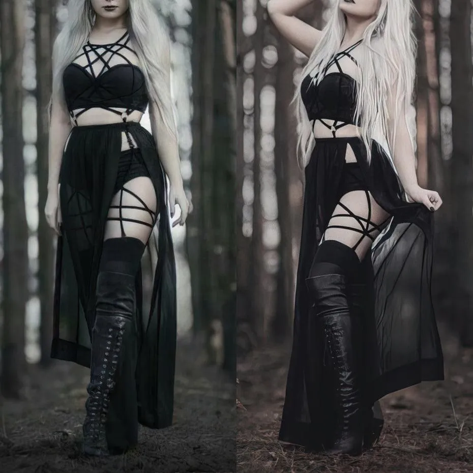 Gothic 3 Piece Straps Dress, Sexy Sling Sleeveless Vestido Set For Women