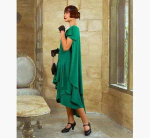 Green 1920s evening satin dress with a shoulder train