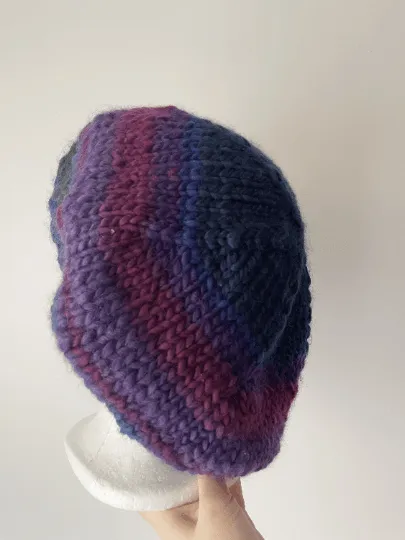 Hand knit Wool blend Beret in Purple or Grey mix | thick slouch Hat | knit autumn or winter beret