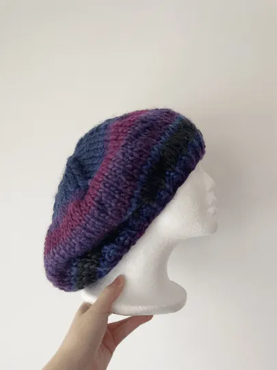 Hand knit Wool blend Beret in Purple or Grey mix | thick slouch Hat | knit autumn or winter beret