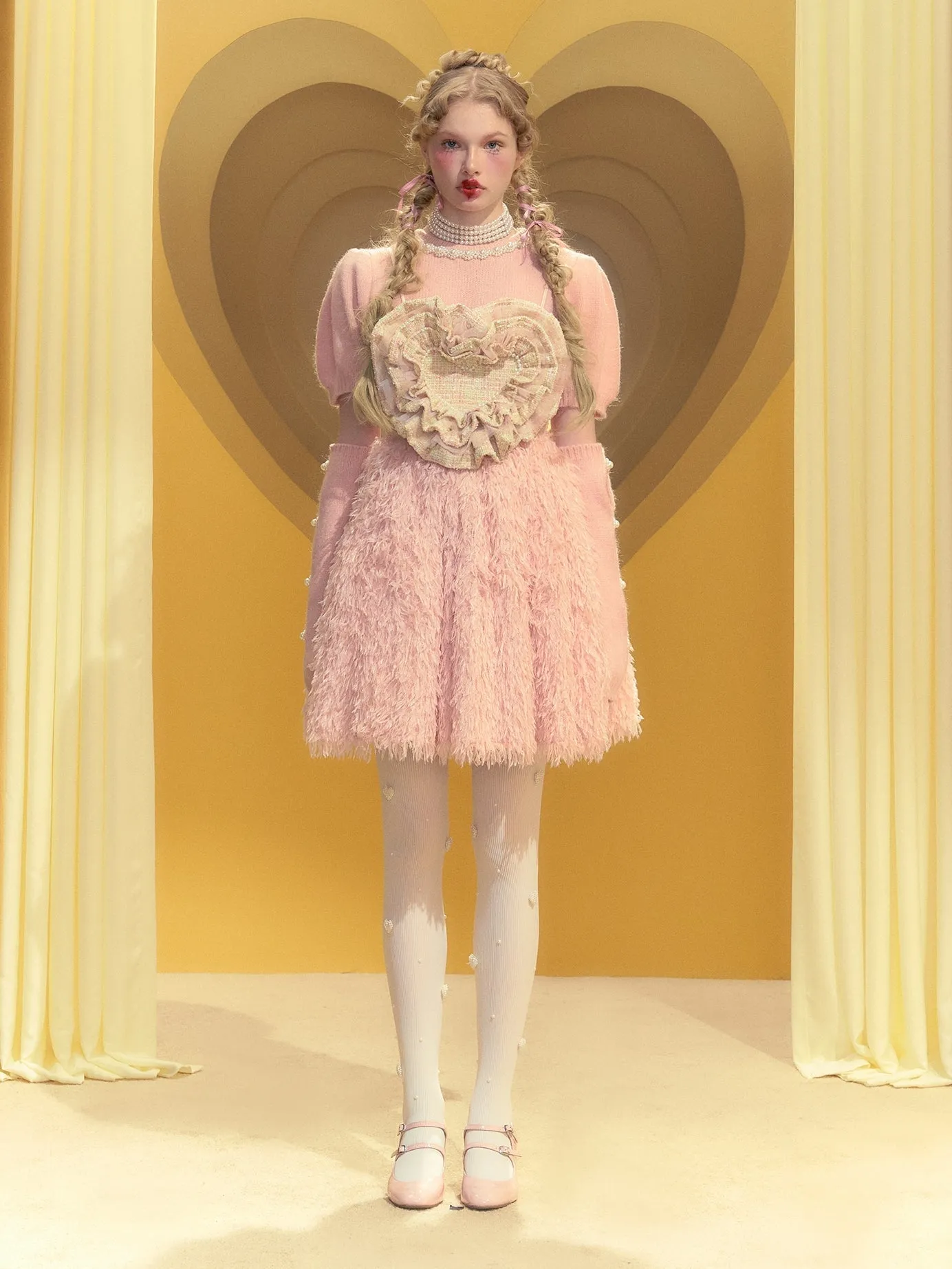 Heart Pearl Embellished Furry High-waisted Slip Dress & Top