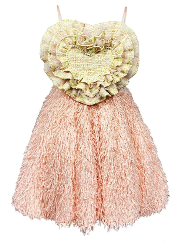 Heart Pearl Embellished Furry High-waisted Slip Dress & Top