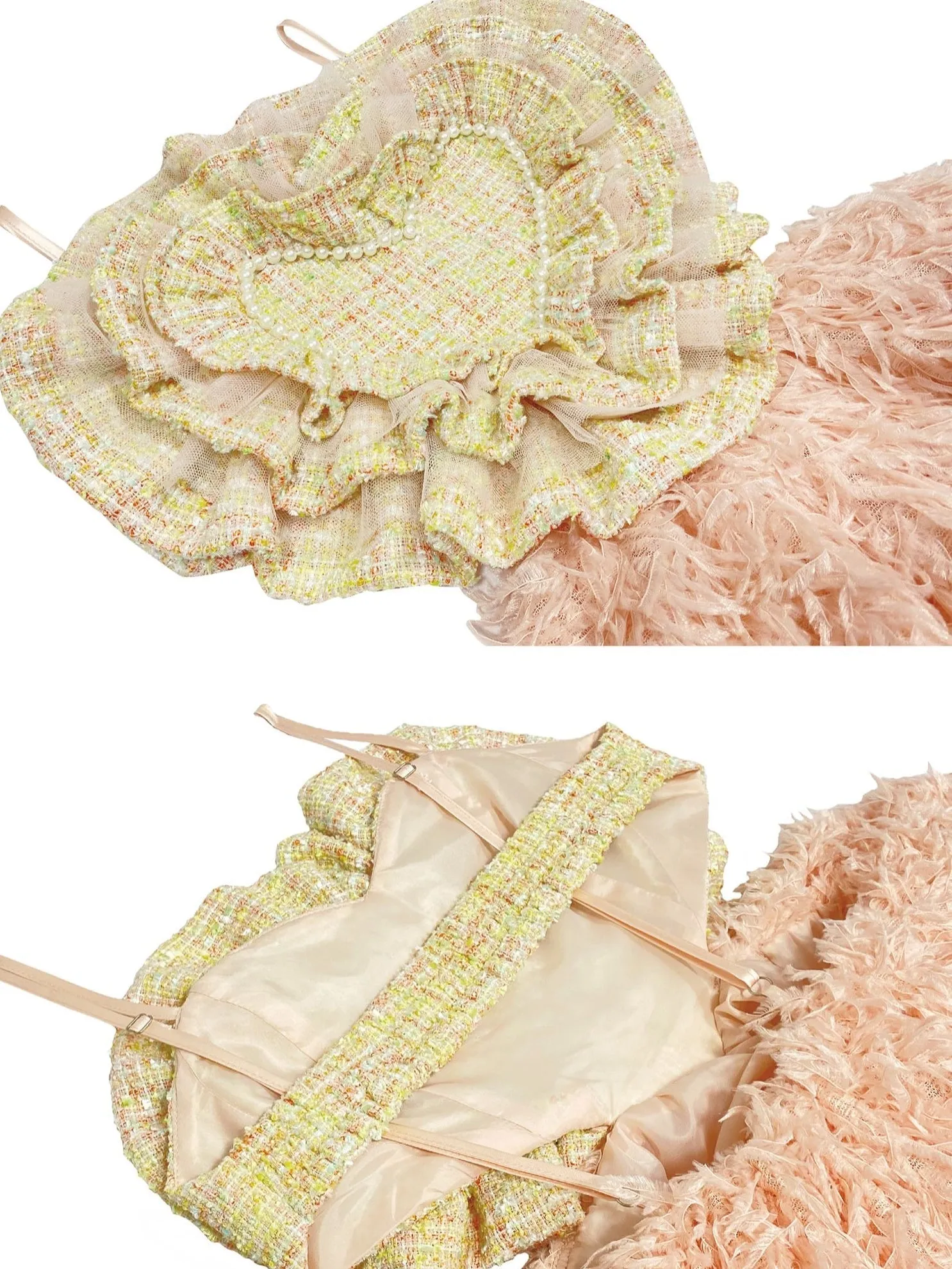 Heart Pearl Embellished Furry High-waisted Slip Dress & Top