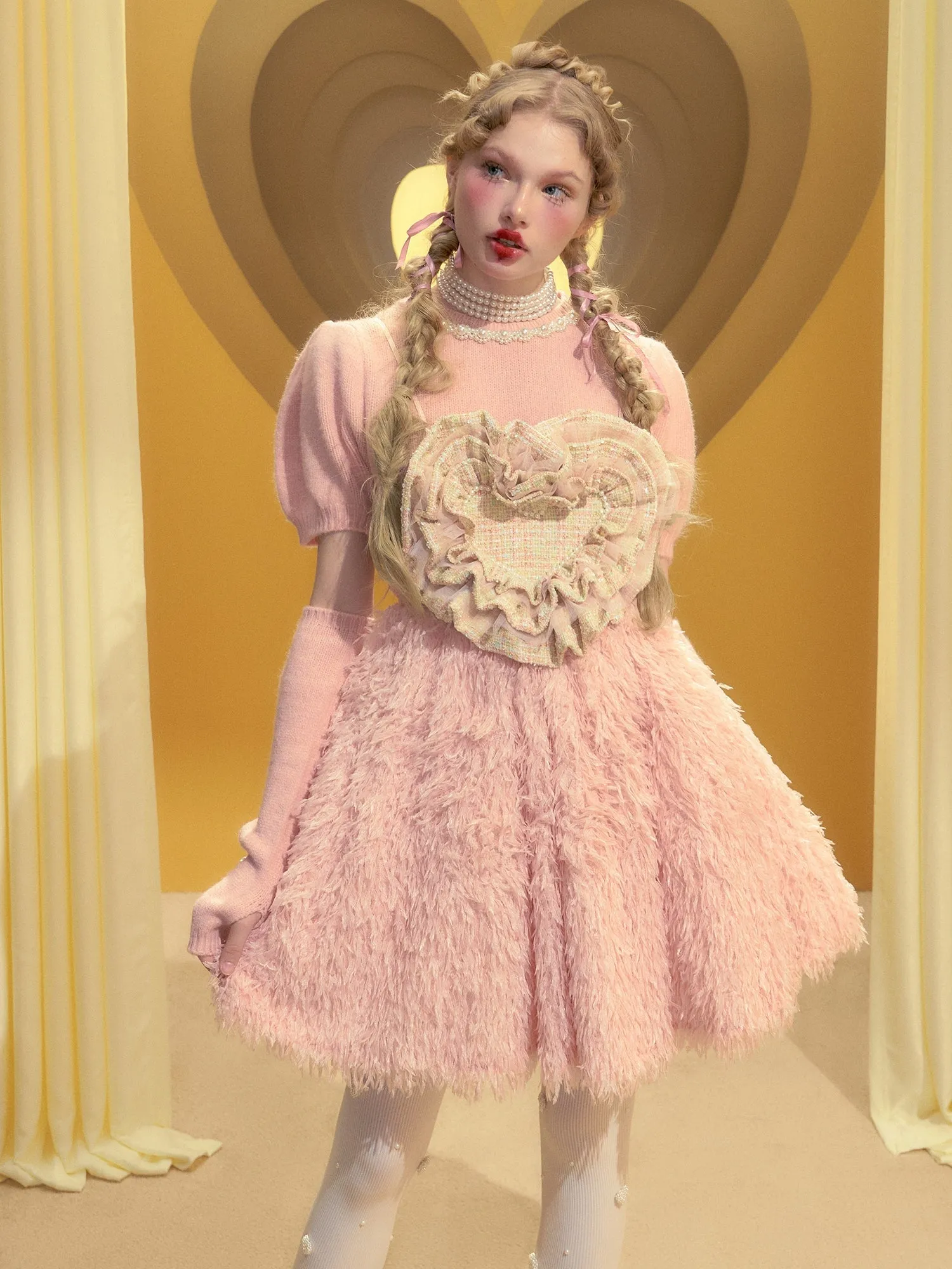 Heart Pearl Embellished Furry High-waisted Slip Dress & Top