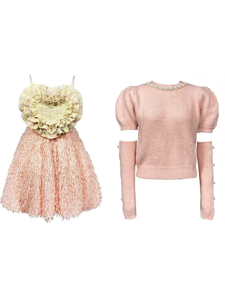 Heart Pearl Embellished Furry High-waisted Slip Dress & Top