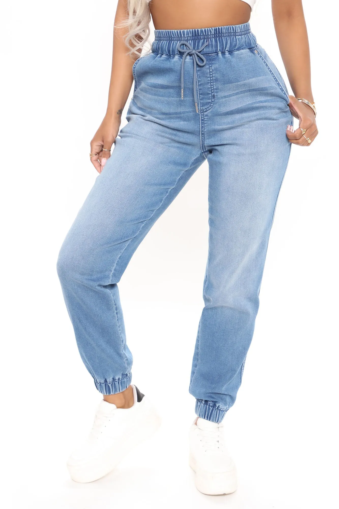 KittenAlarm - A Soft Touch Knit Denim Joggers - Light Blue Wash