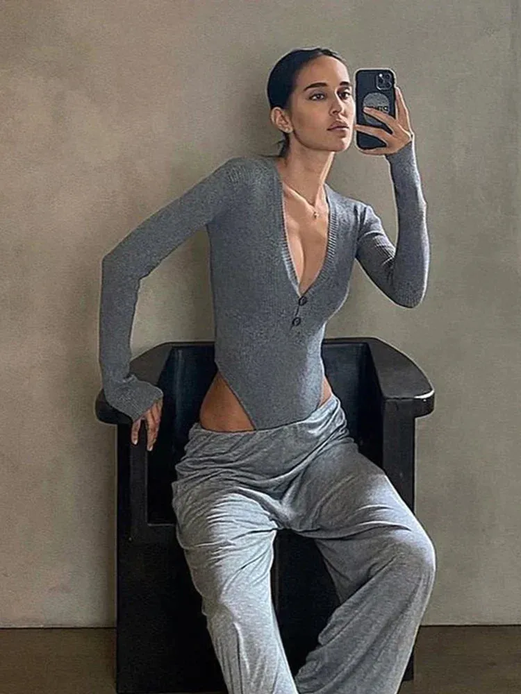 Knit Top Long Sleeve Gray Button Up V Neck T-Shirts Solid White Bodysuit