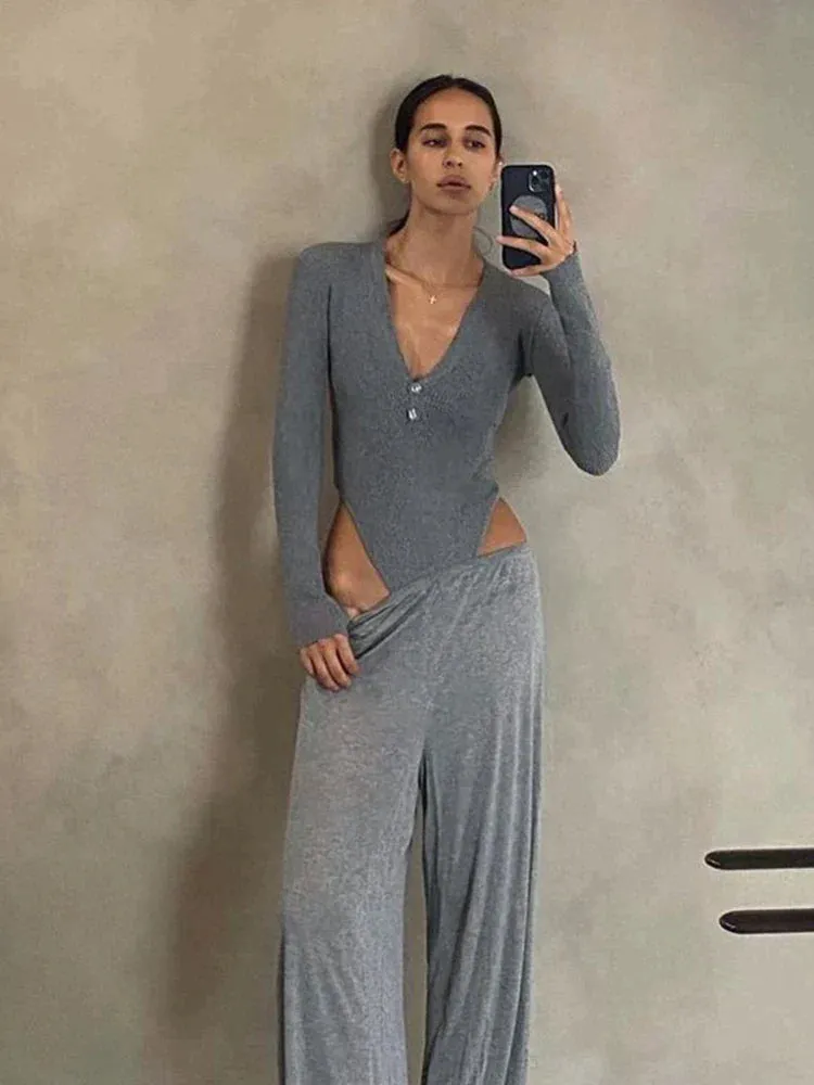 Knit Top Long Sleeve Gray Button Up V Neck T-Shirts Solid White Bodysuit