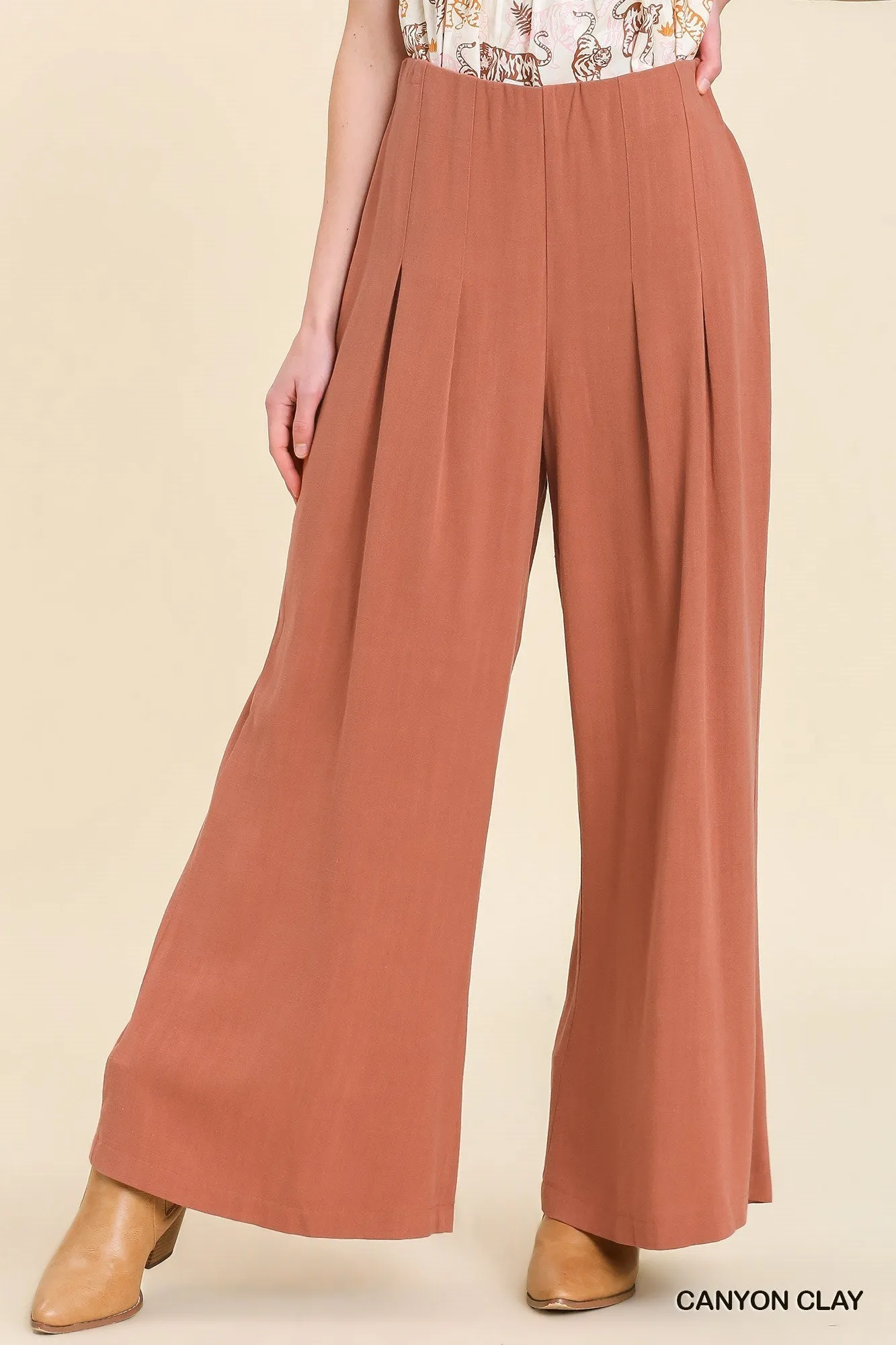 Linen Blend High Waist Pleated Pants