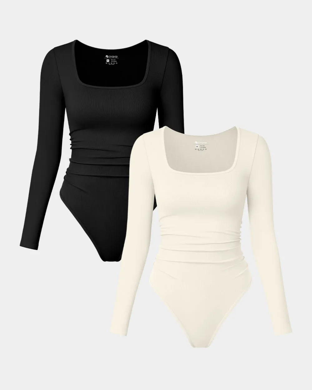 Long Sleeve Square Neck Ruched Stretch Fitted Bodysuits