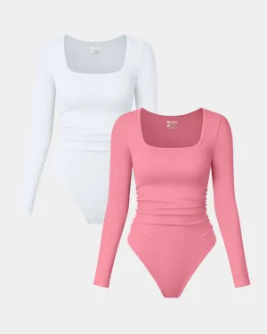 Long Sleeve Square Neck Ruched Stretch Fitted Bodysuits