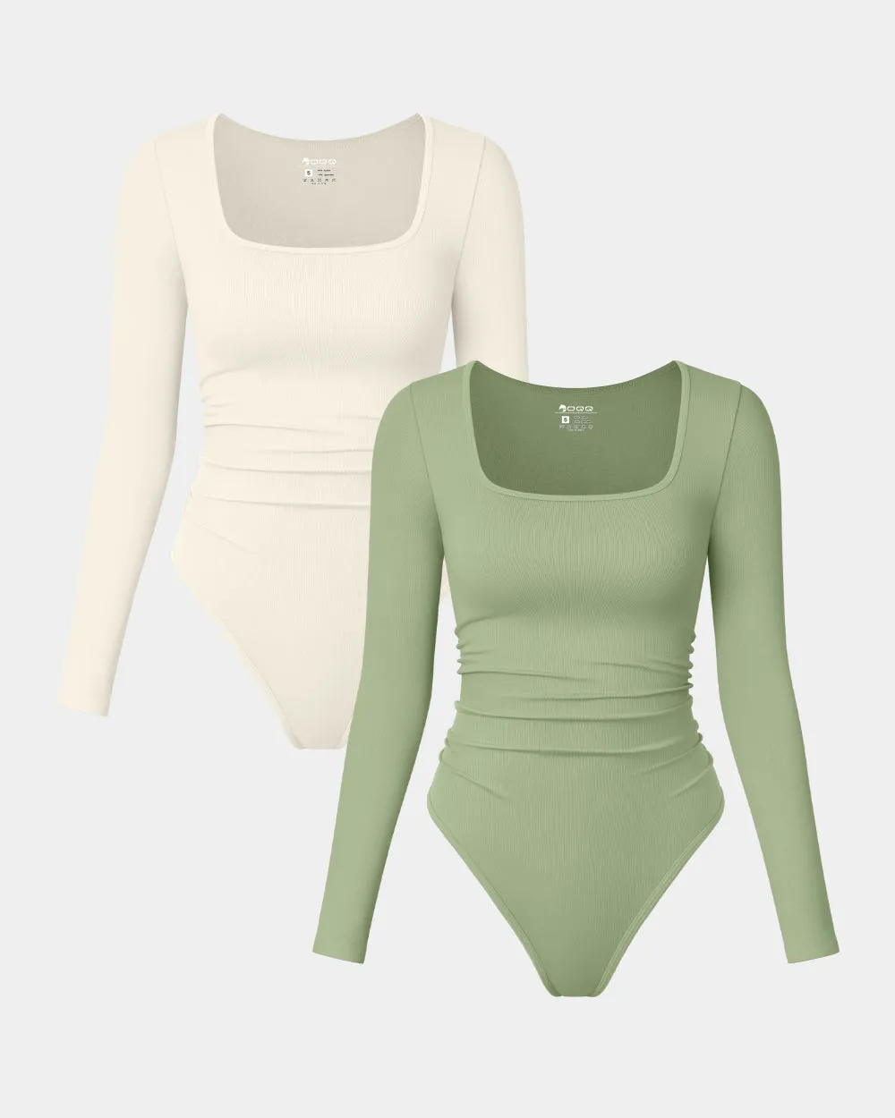 Long Sleeve Square Neck Ruched Stretch Fitted Bodysuits
