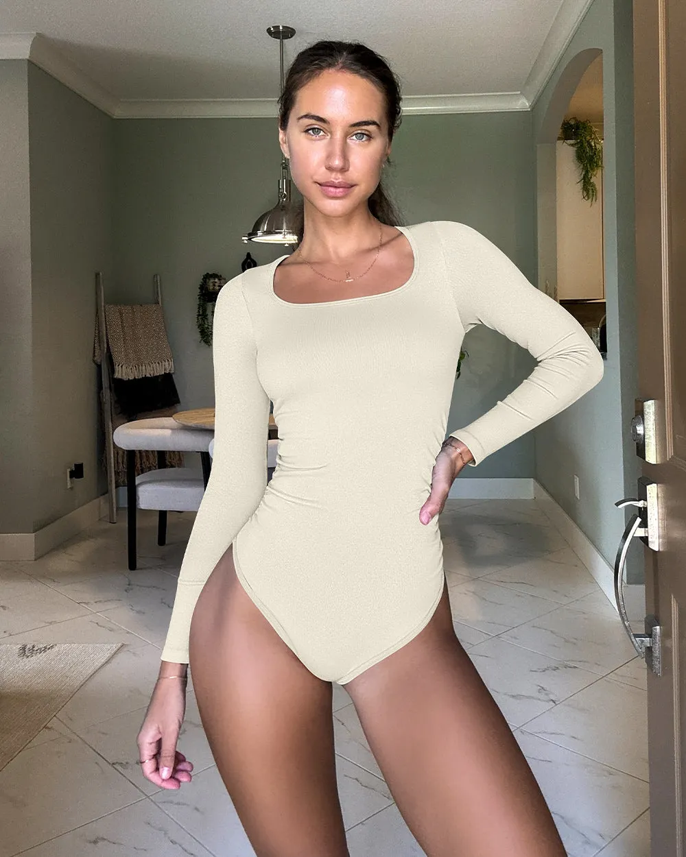 Long Sleeve Square Neck Ruched Stretch Fitted Bodysuits