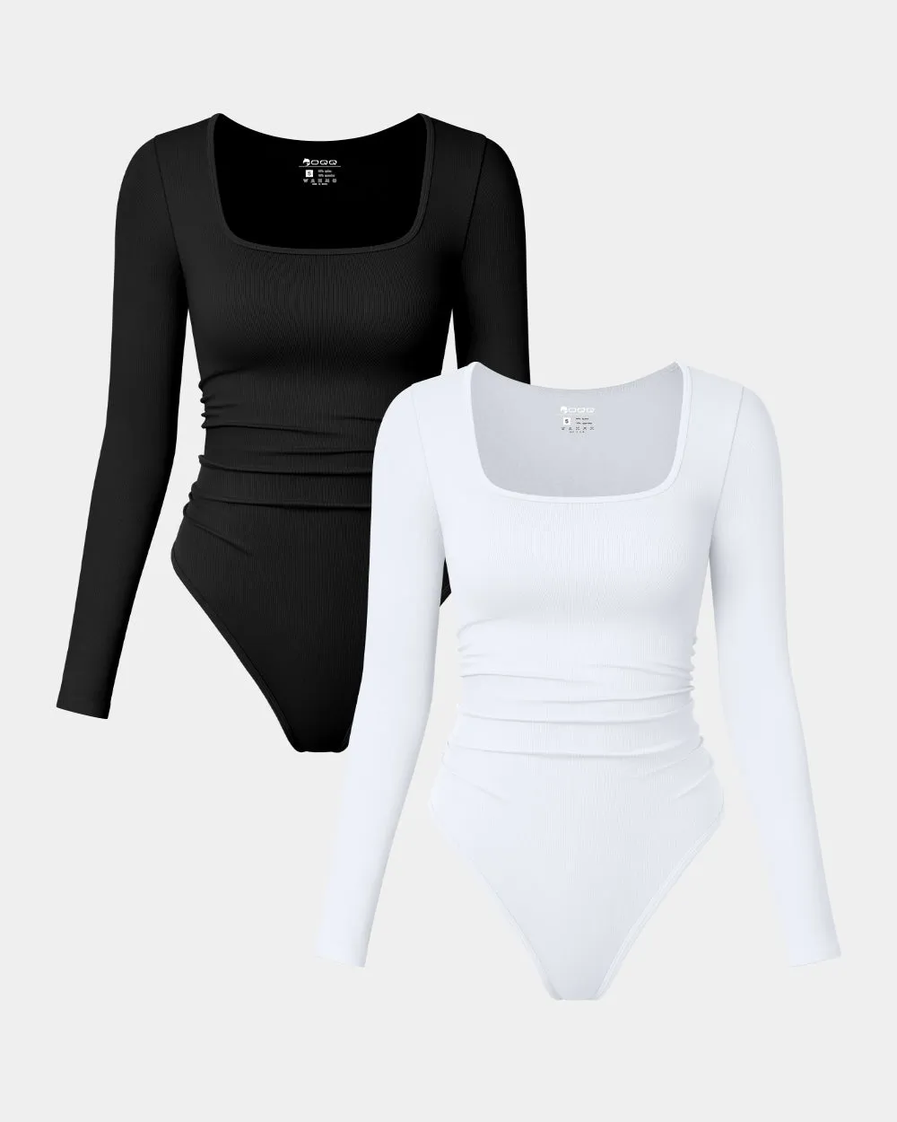 Long Sleeve Square Neck Ruched Stretch Fitted Bodysuits