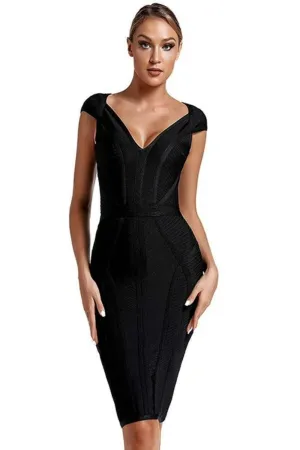 Loren Runway Elegant Short Sleeve Striped Bandage Dress - Black
