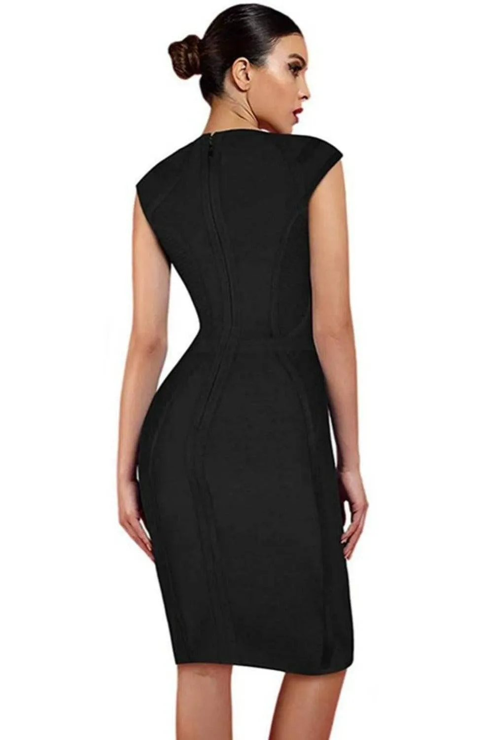Loren Runway Elegant Short Sleeve Striped Bandage Dress - Black