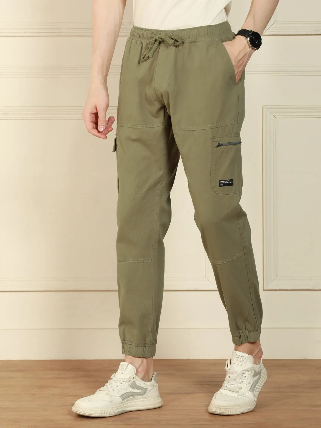 Men's Light Olive Regular Fit Solid Cotton Lycra Stretchable Cargo Joggers