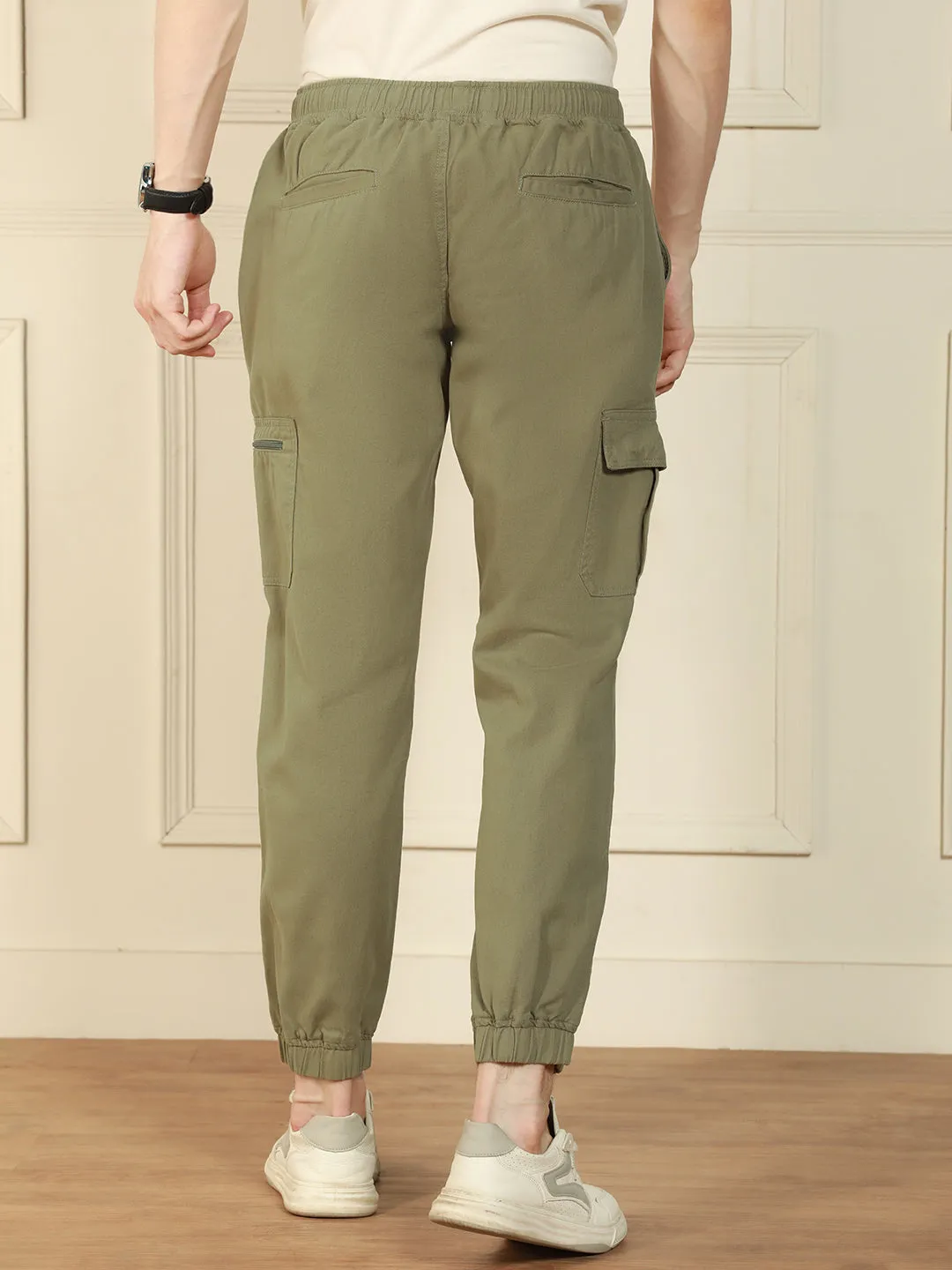 Men's Light Olive Regular Fit Solid Cotton Lycra Stretchable Cargo Joggers