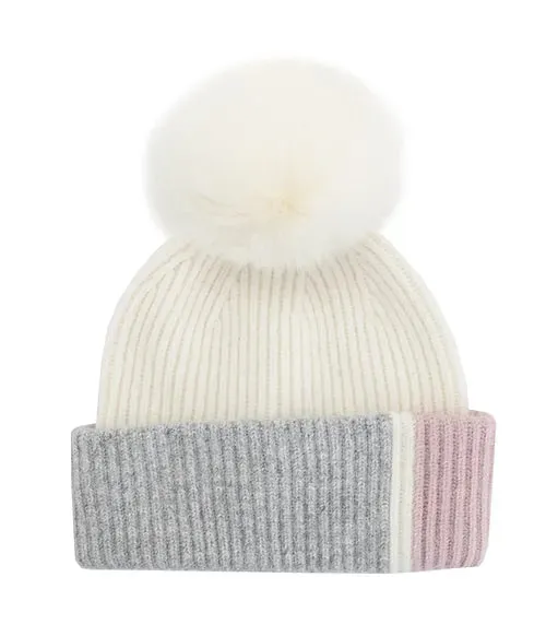 Mitchie's | Knit Colorblock 3-Tone Beanie & Fox Fur Pompom | Women's