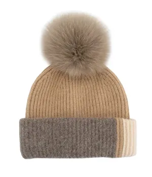 Mitchie's | Knit Colorblock 3-Tone Beanie & Fox Fur Pompom | Women's