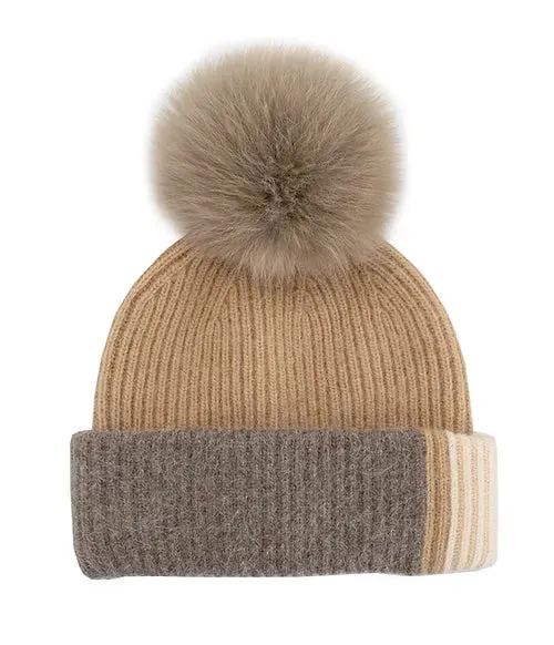 Mitchie's | Knit Colorblock 3-Tone Beanie & Fox Fur Pompom | Women's