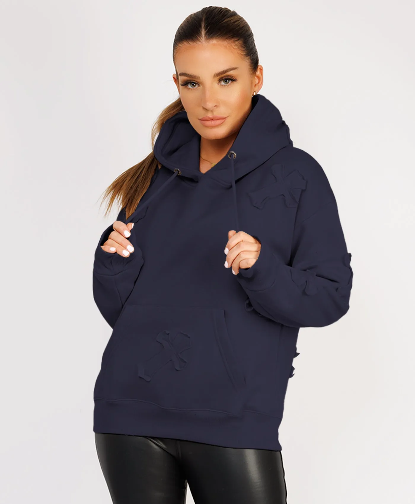 Navy Crucifix Cross Patch Embroidered Hoodie