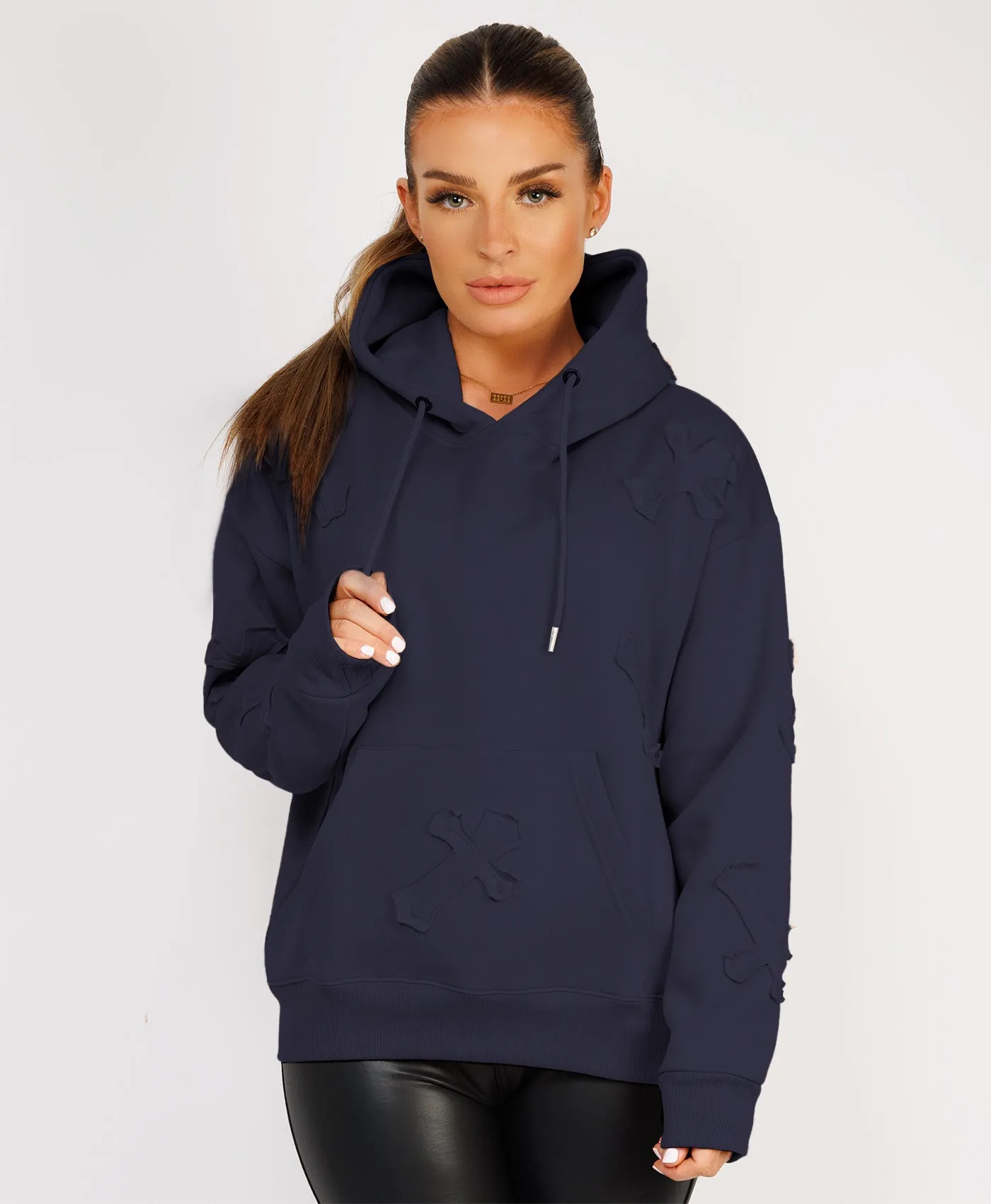 Navy Crucifix Cross Patch Embroidered Hoodie