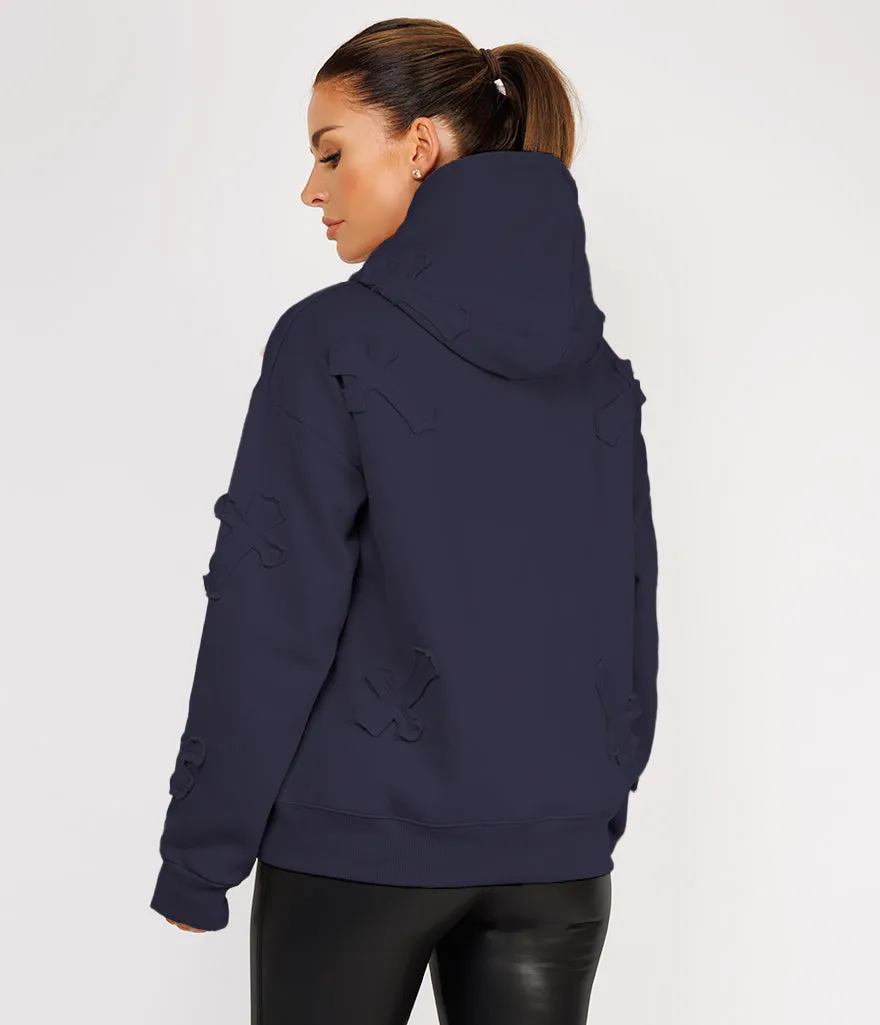 Navy Crucifix Cross Patch Embroidered Hoodie