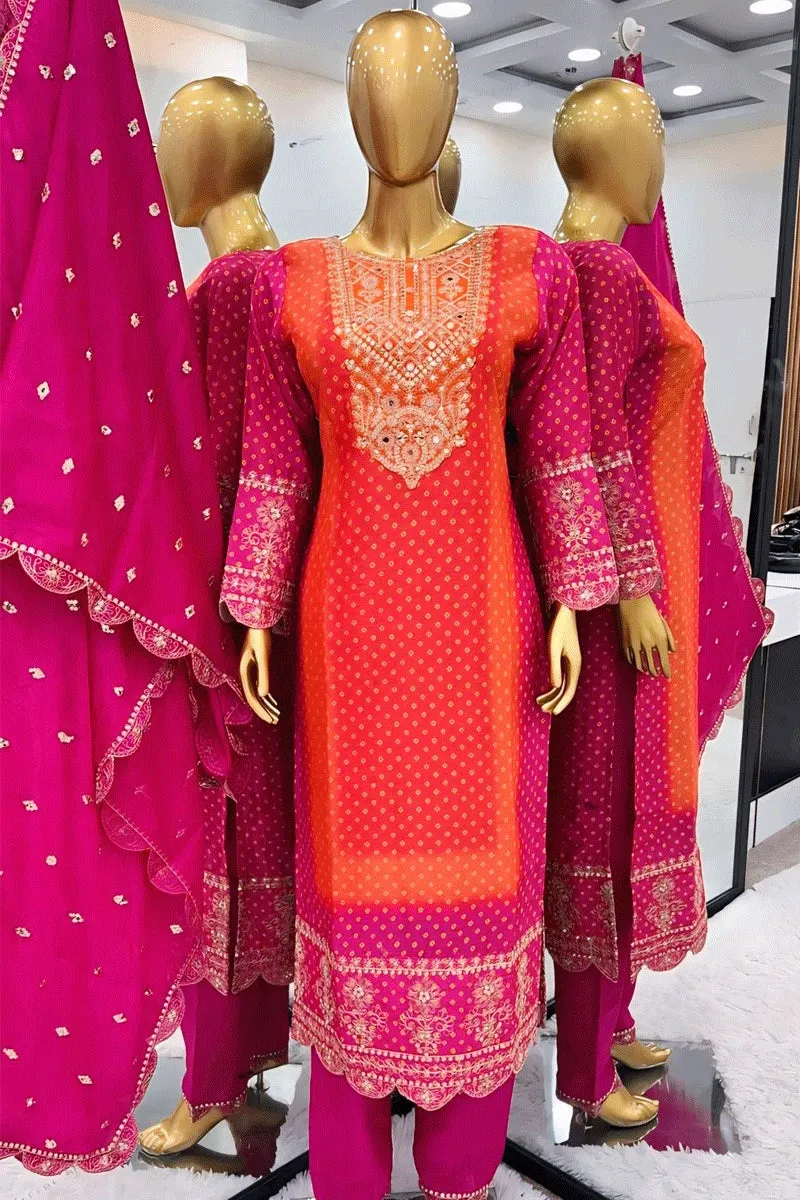 Pink Orange Full Sleeve Long Dress For Women
