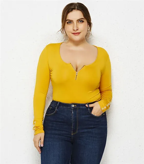 Plus Size Long Sleeve White Bodysuit Zipper V-Neck