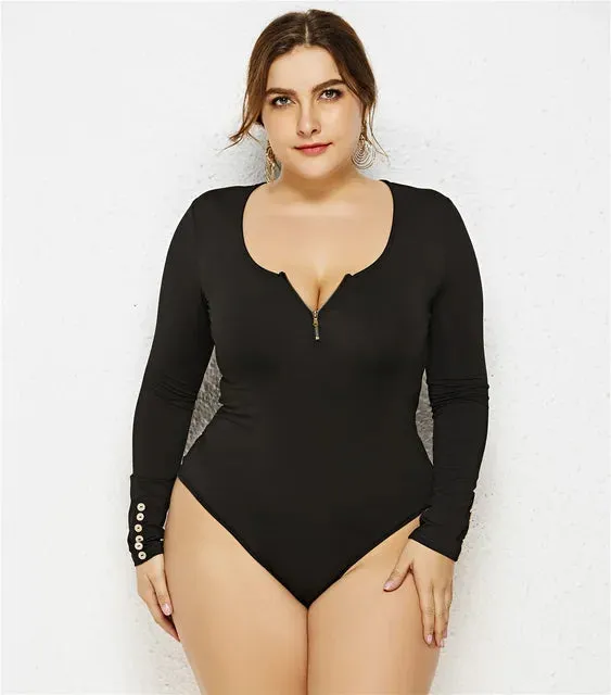 Plus Size Long Sleeve White Bodysuit Zipper V-Neck