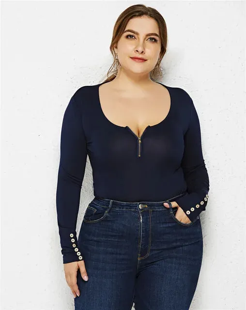 Plus Size Long Sleeve White Bodysuit Zipper V-Neck